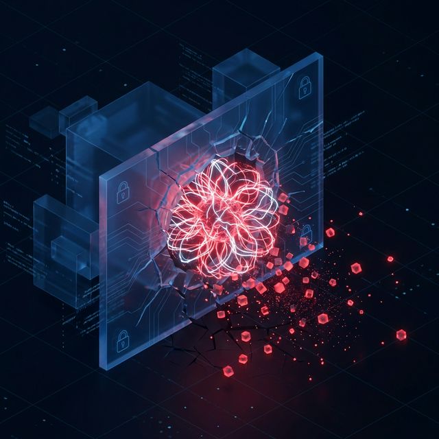 AI Without Guardrails Visualization showing an uncontained neural network cracking a firewall.