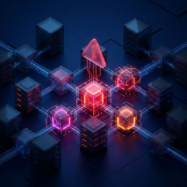 Automation Failure Modes Isometric Visualization showing red alert nodes in a server rack.